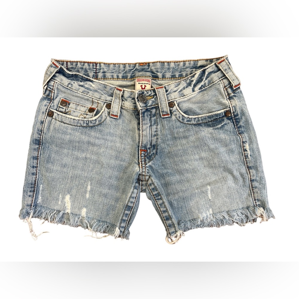 True Religion Johnny Jeans Shorts Blue Mid Rise Stretch Logo Size 28